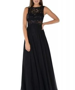 Poly USA - 7868 Sheer Lace Illusion Midriff A-Line Dress