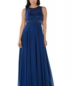 Poly USA - 7868 Sheer Lace Illusion Midriff A-Line Dress