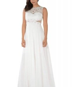 Poly USA - 7868 Sheer Lace Illusion Midriff A-Line Dress