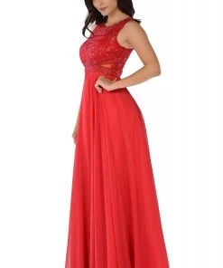 Poly USA - 7868 Sheer Lace Illusion Midriff A-Line Dress