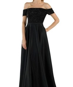 Formal Gowns Poly USA - 8132 Beaded Off-Shoulder Satin A-line Gown With Train