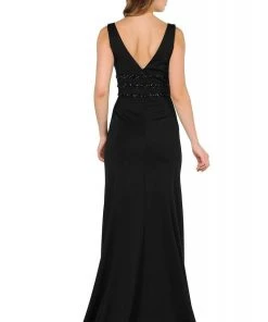 Poly USA - 8222 Beaded Plunging V-Neck Trumpet Dress