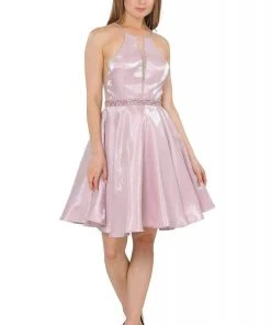 Poly USA - 8236 Illusion Inset Halter Metallic Dress