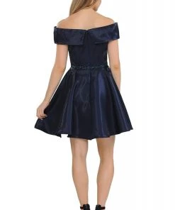 Cocktail Dresses Poly USA - 8238 Surplice Off Shoulder Metallic A-Line Dress