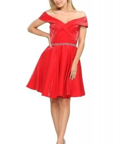 Cocktail Dresses Poly USA - 8238 Surplice Off Shoulder Metallic A-Line Dress