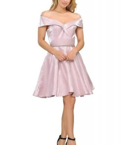 Cocktail Dresses Poly USA - 8238 Surplice Off Shoulder Metallic A-Line Dress