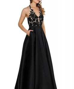 Poly USA - 8316 Embroidered Deep Halter V-neck A-line Gown