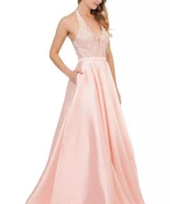 Poly USA - 8316 Embroidered Deep Halter V-neck A-line Gown 15 Poly USA - 8316 Embroidered Deep Halter V-neck A-line Gown
