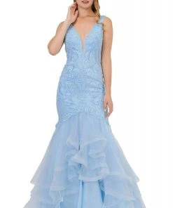 Formal Gowns Poly USA - 8320 Embroidered Deep V-neck Tulle Mermaid Dress