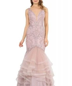 Formal Gowns Poly USA - 8320 Embroidered Deep V-neck Tulle Mermaid Dress