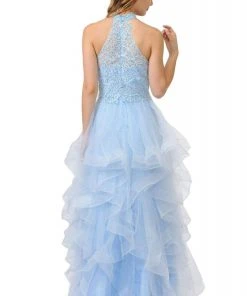 Formal Gowns Poly USA - 8372 Embroidered High Halter Ruffled Dress
