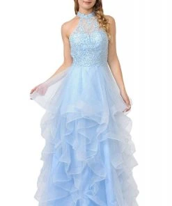 Formal Gowns Poly USA - 8372 Embroidered High Halter Ruffled Dress