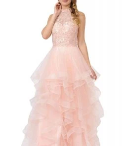 Formal Gowns Poly USA - 8372 Embroidered High Halter Ruffled Dress