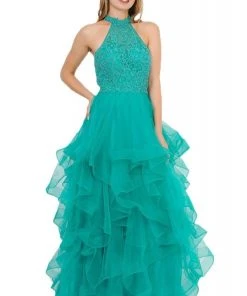 Formal Gowns Poly USA - 8372 Embroidered High Halter Ruffled Dress