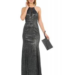 Poly USA - 8382 Glitter Halter Trumpet Evening Dress Formal Gowns