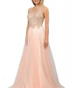 Formal Gowns Poly USA - 8412 Beaded Deep V-neck Ballgown With Strappy Back