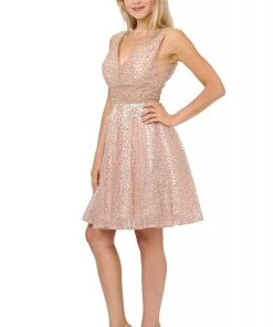Poly USA - 8444 Sequined Deep V-neck A-line Cocktail Dress Cocktail Dresses