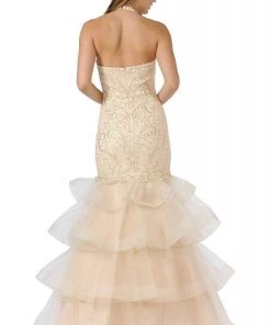 Poly USA - 8466 Embroidered Plunging Halter Trumpet Dress 9 Poly USA - 8466 Embroidered Plunging Halter Trumpet Dress