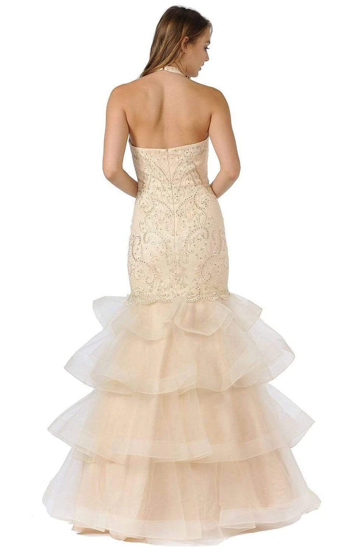 Poly USA - 8466 Embroidered Plunging Halter Trumpet Dress 4 Poly USA - 8466 Embroidered Plunging Halter Trumpet Dress