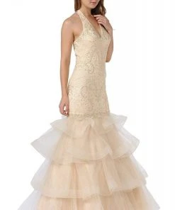 Poly USA - 8466 Embroidered Plunging Halter Trumpet Dress