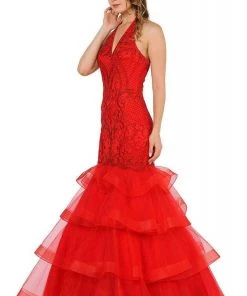 Poly USA - 8466 Embroidered Plunging Halter Trumpet Dress 11 Poly USA - 8466 Embroidered Plunging Halter Trumpet Dress