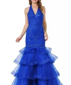 Poly USA - 8466 Embroidered Plunging Halter Trumpet Dress 12 Poly USA - 8466 Embroidered Plunging Halter Trumpet Dress