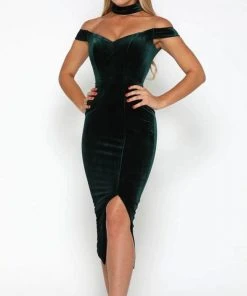 Portia And Scarlett - Barry Dress Off Shoulder High Slit Velvet Dress