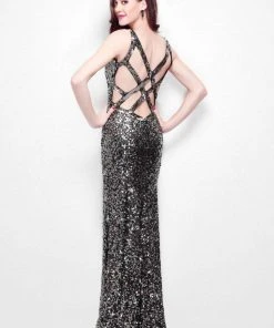Primavera Couture - 1159 Sequined V Neck Long Dress With Slit Formal Gowns