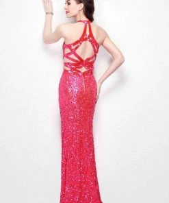 Primavera Couture - 1261 Strappy Halter Sequined Long Dress With Slit