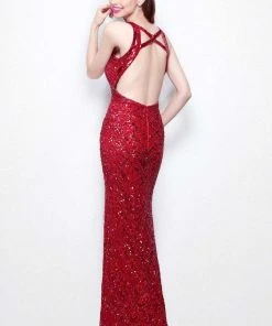 Primavera Couture - 1507 Sequined V Neck Empire Long Gown With Slit 9 Primavera Couture - 1507 Sequined V Neck Empire Long Gown With Slit