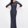 Primavera Couture - 1719 Sheer Quarter Sleeve Embellished Evening Gown - 1 Pc Charcoal In Size 2 Available Formal Gowns