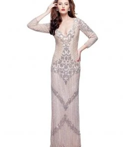 Primavera Couture - 1975 Embellished Deep V-neck Column Dress