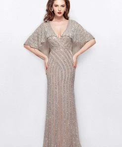 Primavera Couture - 1987 Bedazzled Deep V-neck Sheath Dress Formal Gowns