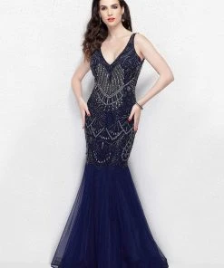 Formal Gowns Primavera Couture - 3001 Embellished V-neck Trumpet Dress 8 Formal Gowns Primavera Couture - 3001 Embellished V-neck Trumpet Dress