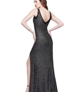 Primavera Couture - 3017 Beaded Illusion V-neck Sheath Dress Formal Gowns