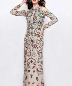 Primavera Couture - 3044 Sequined Jewel Long Sleeves Gown