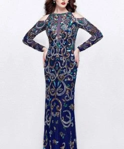 Primavera Couture - 3044 Sequined Jewel Long Sleeves Gown