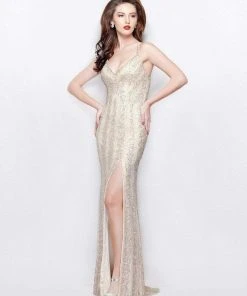 Primavera Couture - 3058 Sequined V Neck Gown With Slit Formal Gowns