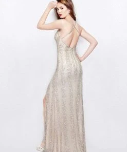 Primavera Couture - 3058 Sequined V Neck Gown With Slit Formal Gowns