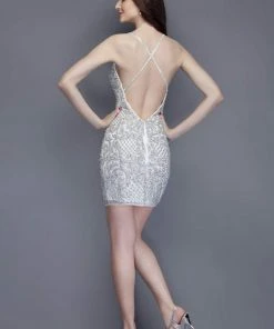 Primavera Couture - 3138 Embellished Plunging V-neck Cocktail Dress - 1 Pc Ivory In Size 18 Available Cocktail Dresses