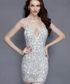 Primavera Couture - 3138 Embellished Plunging V-neck Cocktail Dress - 1 Pc Ivory In Size 18 Available Cocktail Dresses