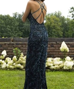 Primavera Couture - 3220 Beaded Trailing Foliage High Slit Gown