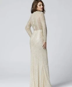 Primavera Couture - 3370 Beaded Long Sleeve High Neck Sheath Dress Formal Gowns