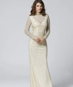 Primavera Couture - 3370 Beaded Long Sleeve High Neck Sheath Dress Formal Gowns
