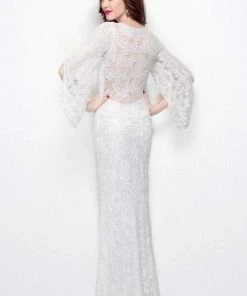 Formal Gowns Primavera Couture - 9713 Sequin Flared Sleeve Long Sheath Formal Gown - 1 Pc White In Size 22 Available