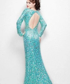 Primavera Couture - 9929 Longsleeved V-Neck Sequined Evening Gown Formal Gowns