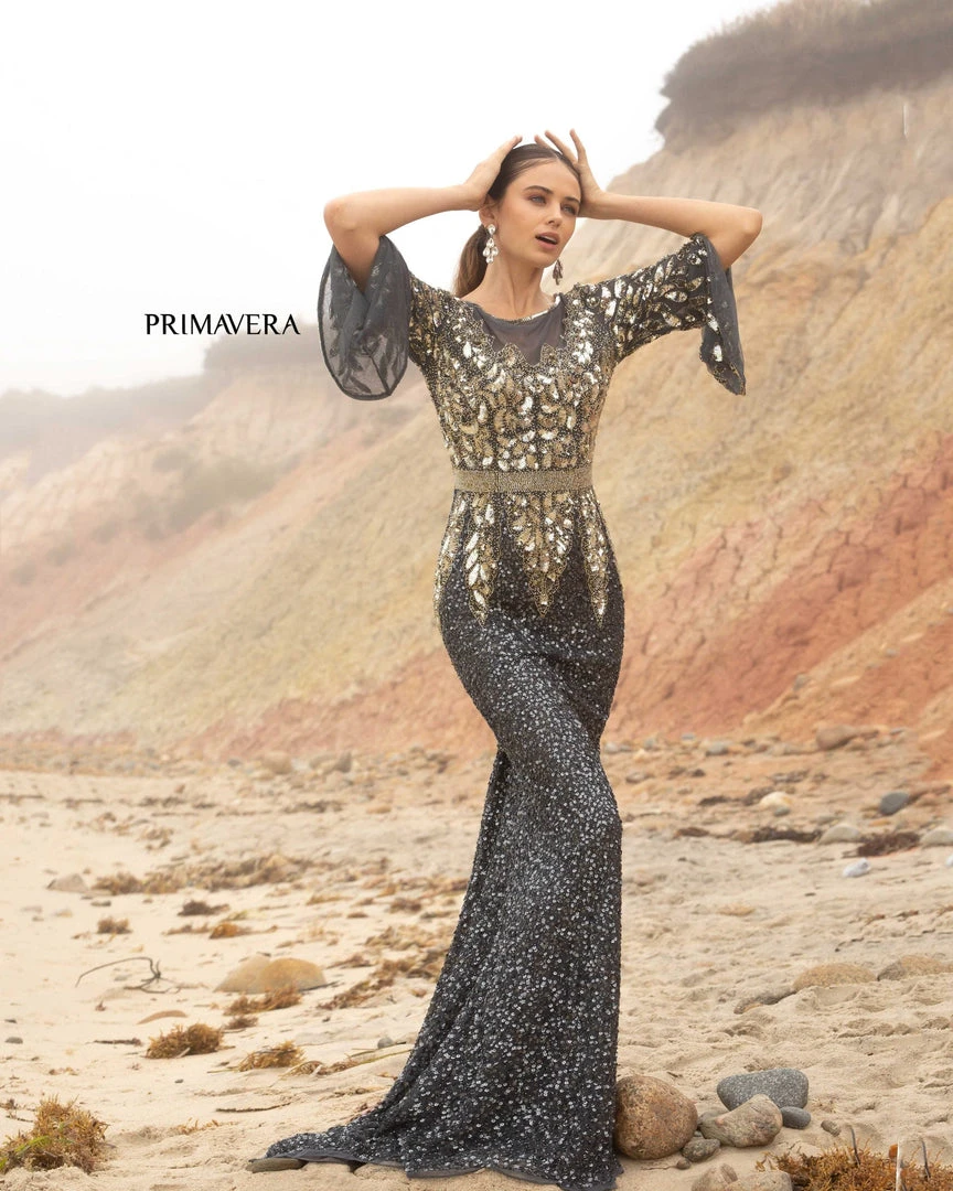 Primavera Couture - Batwing Sleeves Sequined Gown 1424 - 1 Pc Charcoal In Size 10 Available 6 Primavera Couture - Batwing Sleeves Sequined Gown 1424 - 1 Pc Charcoal In Size 10 Available