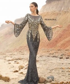 Primavera Couture - Batwing Sleeves Sequined Gown 1424 - 1 Pc Charcoal In Size 10 Available 15 Primavera Couture - Batwing Sleeves Sequined Gown 1424 - 1 Pc Charcoal In Size 10 Available