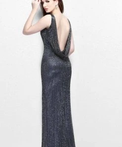 Formal Gowns Primavera Couture - Bead Embellished V-Neck Sheath Dress 1259