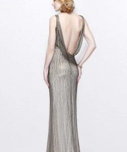 Formal Gowns Primavera Couture - Bead Embellished V-Neck Sheath Dress 1259
